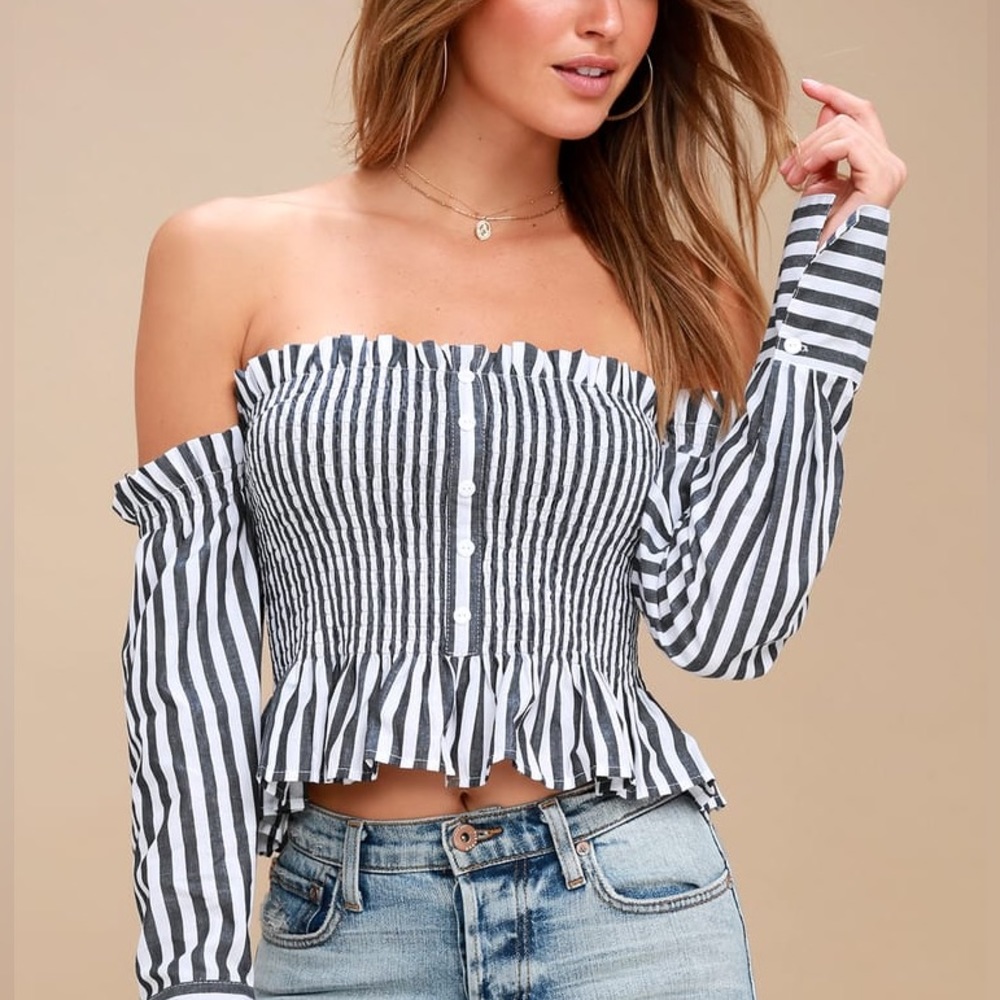 Lulus | Like You A Yacht Blue and White Striped Off-the-Shoulder Top XS